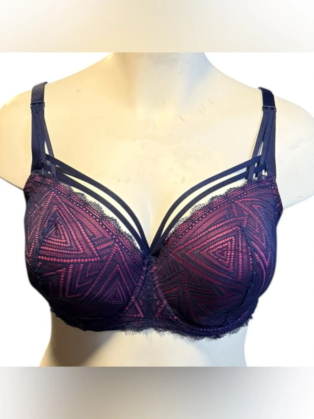 Adore Me 42G Underwire Lace Bra Navy Pink Strappy Plus Size NWT